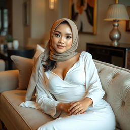 A beautiful Malay girl wearing a sexy white dress and a hijab, lounging comfortably on a plush sofa