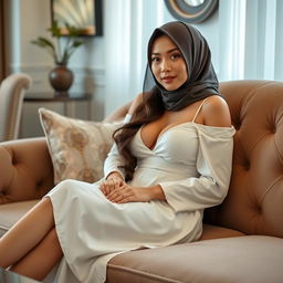 A beautiful Malay girl wearing a sexy white dress and a hijab, lounging comfortably on a plush sofa