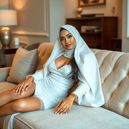 A beautiful Malay girl wearing a sexy white dress and a hijab, lounging comfortably on a plush sofa