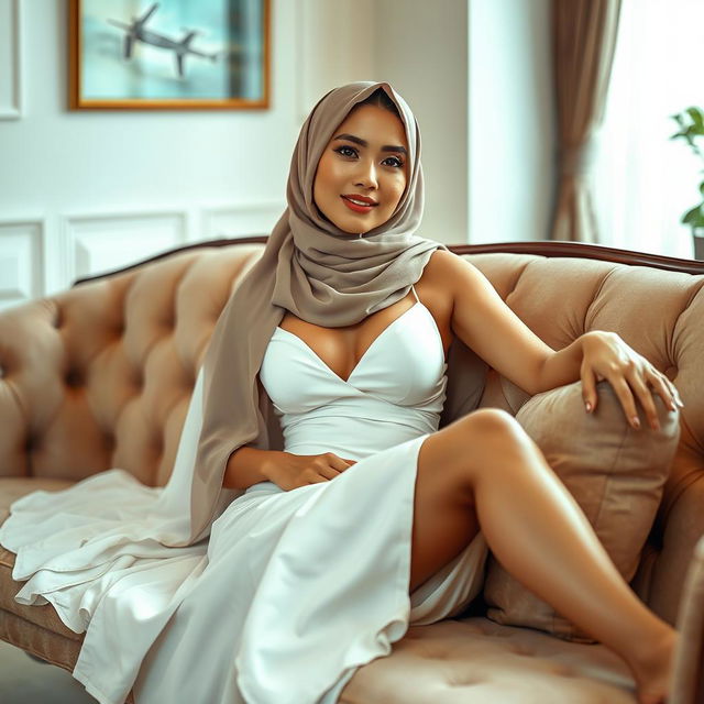 A beautiful Malay girl wearing a sexy white dress and a hijab, lounging comfortably on a plush sofa