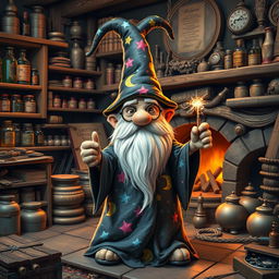 A whimsical rock gnome wizard with a long, pointy hat and a flowing robe covered in colorful stars and moons, standing in a cozy, cluttered workshop filled with magical artifacts
