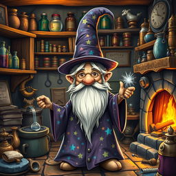 A whimsical rock gnome wizard with a long, pointy hat and a flowing robe covered in colorful stars and moons, standing in a cozy, cluttered workshop filled with magical artifacts