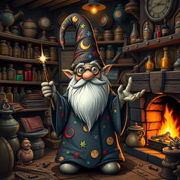 A whimsical rock gnome wizard with a long, pointy hat and a flowing robe covered in colorful stars and moons, standing in a cozy, cluttered workshop filled with magical artifacts