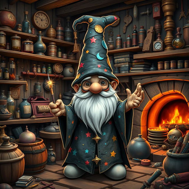 A whimsical rock gnome wizard with a long, pointy hat and a flowing robe covered in colorful stars and moons, standing in a cozy, cluttered workshop filled with magical artifacts