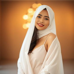 A playfully alluring Malay woman wearing an elegant white jilbab, gracefully draping over her silhouette, paired with a stylish slip dress underneath