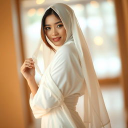 A playfully alluring Malay woman wearing an elegant white jilbab, gracefully draping over her silhouette, paired with a stylish slip dress underneath