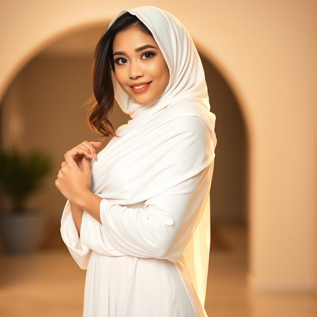 A playfully alluring Malay woman wearing an elegant white jilbab, gracefully draping over her silhouette, paired with a stylish slip dress underneath