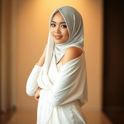 A playfully alluring Malay woman wearing an elegant white jilbab, gracefully draping over her silhouette, paired with a stylish slip dress underneath