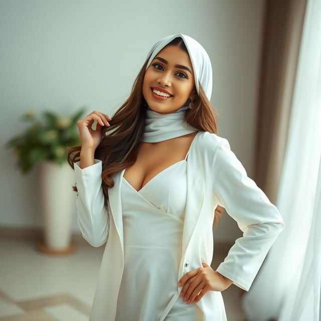 A playful and alluring Malay woman wearing an elegant jilbab combined with a stylish slip dress