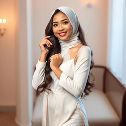 A playful and alluring Malay woman wearing an elegant jilbab combined with a stylish slip dress