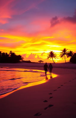 A breathtaking landscape of a serene beach at sunset, the sky ablaze with vibrant hues of orange, pink and purple
