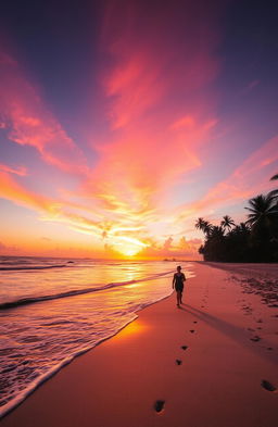 A breathtaking landscape of a serene beach at sunset, the sky ablaze with vibrant hues of orange, pink and purple