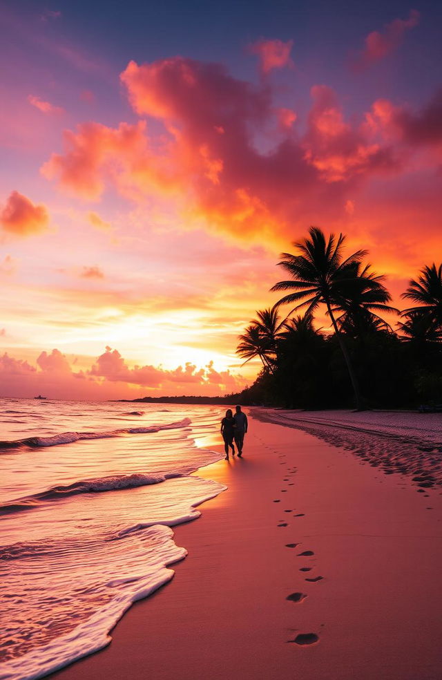 A breathtaking landscape of a serene beach at sunset, the sky ablaze with vibrant hues of orange, pink and purple