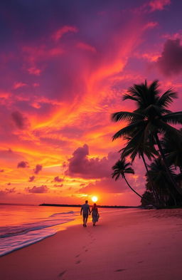 A breathtaking landscape of a serene beach at sunset, the sky ablaze with vibrant hues of orange, pink and purple