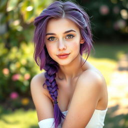 An 18-year-old woman with vibrant purple hair styled in a braid, showcasing her playful personality