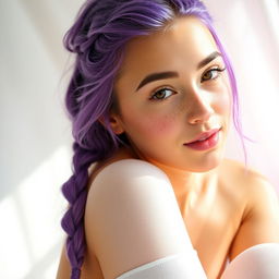 An 18-year-old woman with vibrant purple hair styled in a braid, showcasing her playful personality
