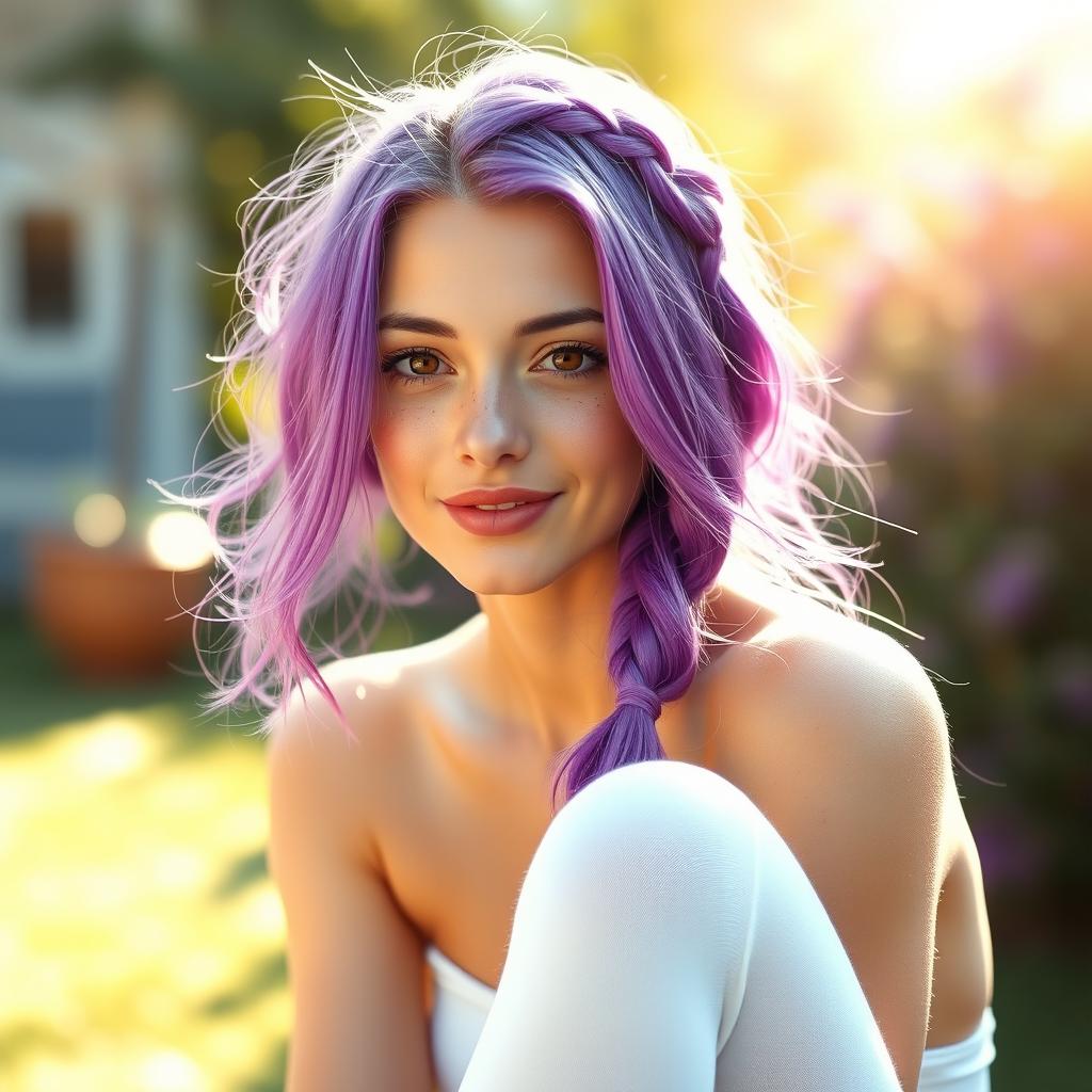 An 18-year-old woman with vibrant purple hair styled in a braid, showcasing her playful personality