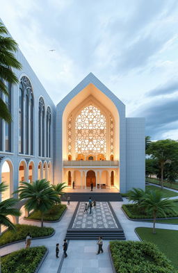 A modern architectural design proposal for a Dakwah and Islamic Communication Building at IAIN Syaikh Abdurrahman Siddik in Bangka Belitung, featuring harmonious integration of traditional Islamic elements with contemporary styles