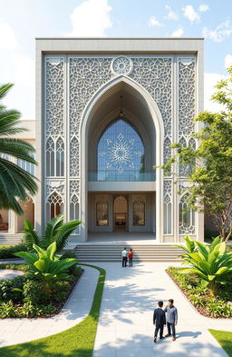 A modern architectural design proposal for a Dakwah and Islamic Communication Building at IAIN Syaikh Abdurrahman Siddik in Bangka Belitung, featuring harmonious integration of traditional Islamic elements with contemporary styles