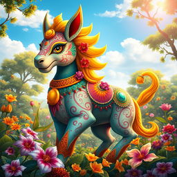 A vibrant and colorful portrayal of Prithwani, a mythical creature inspired by Indian folklore, featuring intricate patterns on its body, adorned with jewels and flowers, standing majestically in a lush garden filled with exotic plants and flowers