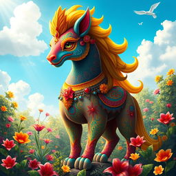 A vibrant and colorful portrayal of Prithwani, a mythical creature inspired by Indian folklore, featuring intricate patterns on its body, adorned with jewels and flowers, standing majestically in a lush garden filled with exotic plants and flowers