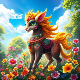 A vibrant and colorful portrayal of Prithwani, a mythical creature inspired by Indian folklore, featuring intricate patterns on its body, adorned with jewels and flowers, standing majestically in a lush garden filled with exotic plants and flowers