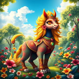 A vibrant and colorful portrayal of Prithwani, a mythical creature inspired by Indian folklore, featuring intricate patterns on its body, adorned with jewels and flowers, standing majestically in a lush garden filled with exotic plants and flowers