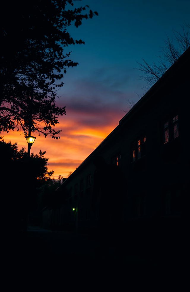 A school setting during dusk, showcasing a silhouette of a ominous zombie lurking near a dimly lit school building