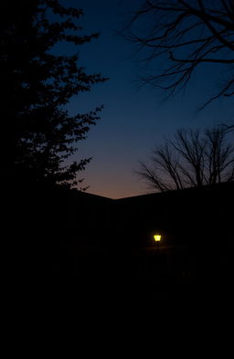 A school setting during dusk, showcasing a silhouette of a ominous zombie lurking near a dimly lit school building