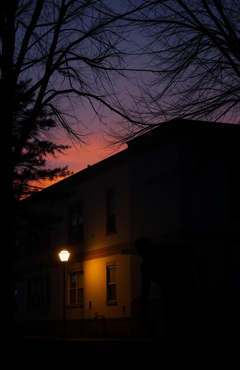 A school setting during dusk, showcasing a silhouette of a ominous zombie lurking near a dimly lit school building