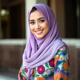 A beautiful and attractive Malay woman wearing a stylish and sexy tudung (headscarf) that complements her features, exuding confidence and grace