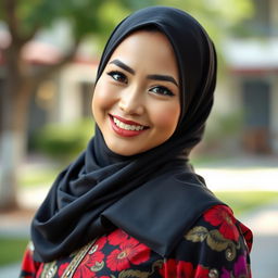 A beautiful and attractive Malay woman wearing a stylish and sexy tudung (headscarf) that complements her features, exuding confidence and grace