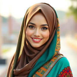 A beautiful and attractive Malay woman wearing a stylish and sexy tudung (headscarf) that complements her features, exuding confidence and grace