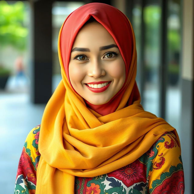 A beautiful and attractive Malay woman wearing a stylish and sexy tudung (headscarf) that complements her features, exuding confidence and grace