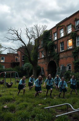 A school campus during a zombie apocalypse, with overgrown grass and vines creeping up the side of crumbling brick buildings