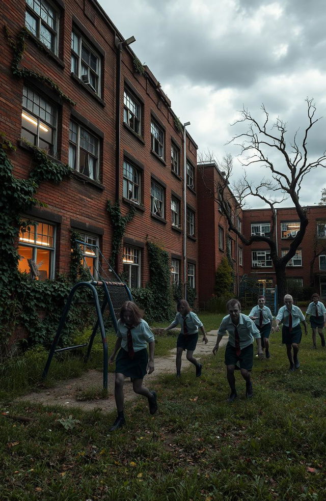 A school campus during a zombie apocalypse, with overgrown grass and vines creeping up the side of crumbling brick buildings