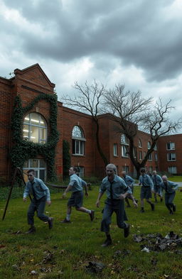 A school campus during a zombie apocalypse, with overgrown grass and vines creeping up the side of crumbling brick buildings
