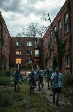 A school campus during a zombie apocalypse, with overgrown grass and vines creeping up the side of crumbling brick buildings