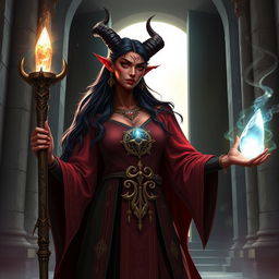 A striking tiefling cleric standing at the entrance of a sacred temple, surrounded by ethereal light