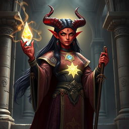 A striking tiefling cleric standing at the entrance of a sacred temple, surrounded by ethereal light