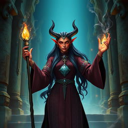 A striking tiefling cleric standing at the entrance of a sacred temple, surrounded by ethereal light