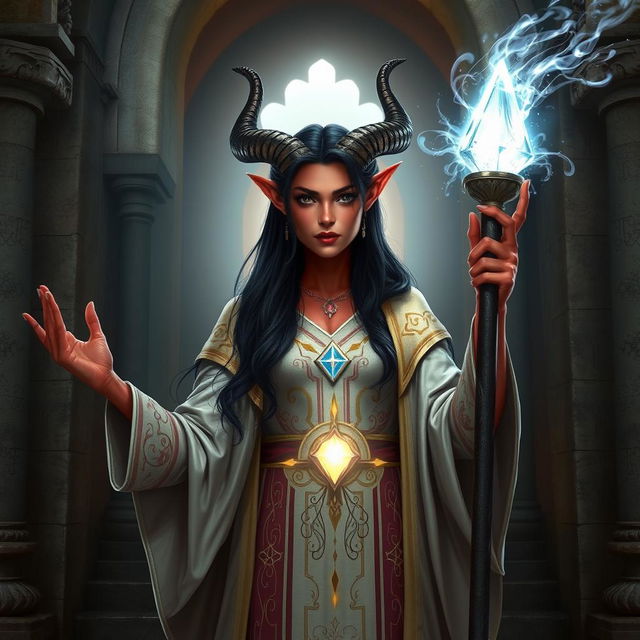 A striking tiefling cleric standing at the entrance of a sacred temple, surrounded by ethereal light