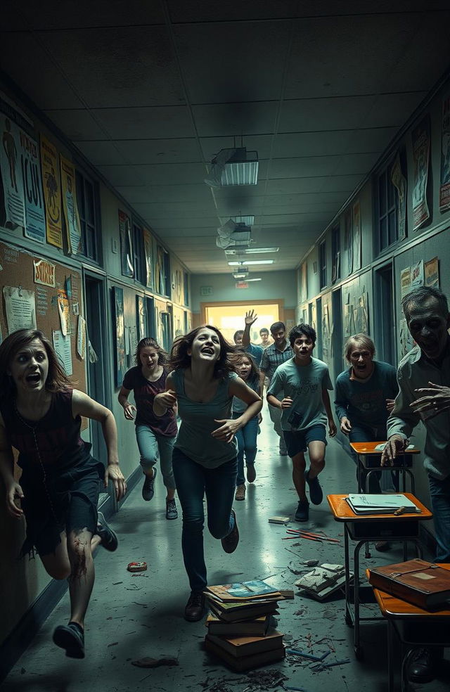 A chaotic scene of a zombie-infested school, with students in panic running down the hallways, fear etched on their faces