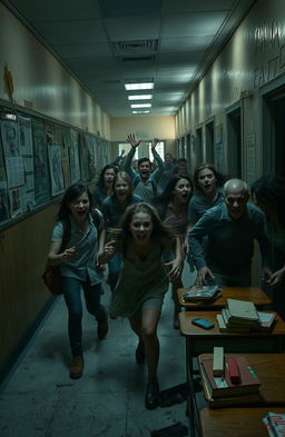 A chaotic scene of a zombie-infested school, with students in panic running down the hallways, fear etched on their faces