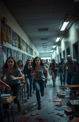 A chaotic scene of a zombie-infested school, with students in panic running down the hallways, fear etched on their faces