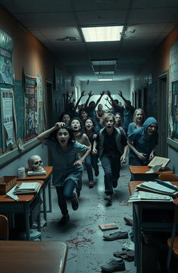 A chaotic scene of a zombie-infested school, with students in panic running down the hallways, fear etched on their faces