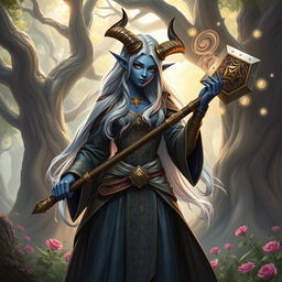 A powerful tiefling cleric wielding a majestic mace, standing confidently in a mystical grove bathed in soft, ethereal light