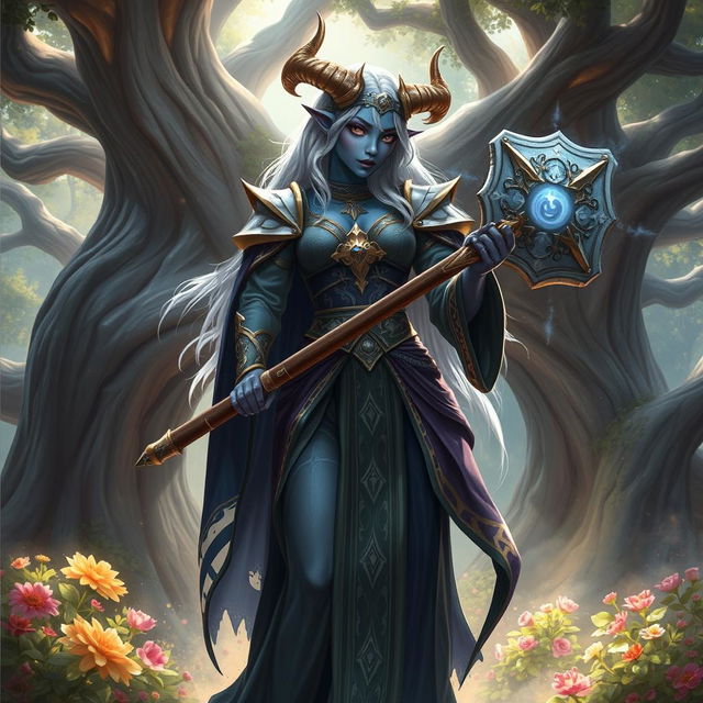 A powerful tiefling cleric wielding a majestic mace, standing confidently in a mystical grove bathed in soft, ethereal light