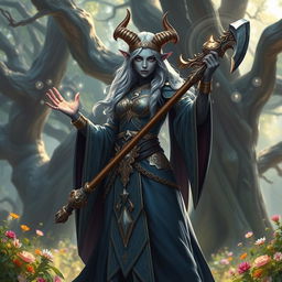 A powerful tiefling cleric wielding a majestic mace, standing confidently in a mystical grove bathed in soft, ethereal light