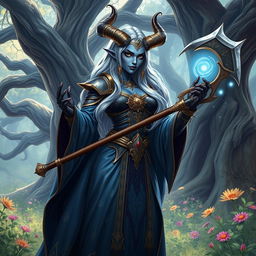 A powerful tiefling cleric wielding a majestic mace, standing confidently in a mystical grove bathed in soft, ethereal light